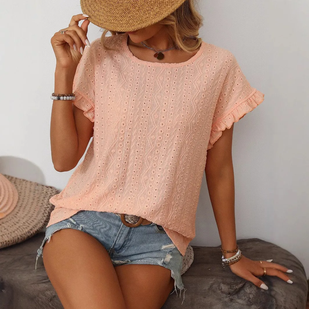 Women Blouse Short Sleeve Pastel Pink Cap Sleeve T Shirt Cotton Polyester Loose Fit Round Neck Top Eyelet Lace Oversized Tee