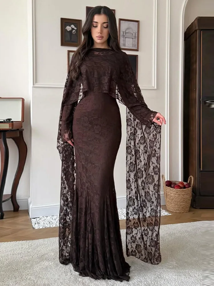 LGRQ 2026 New Elegant Round Neck Long Sleeved Waist Slimming Dress With Lace Shawl Temperament Women's Party Gown 19DB2591