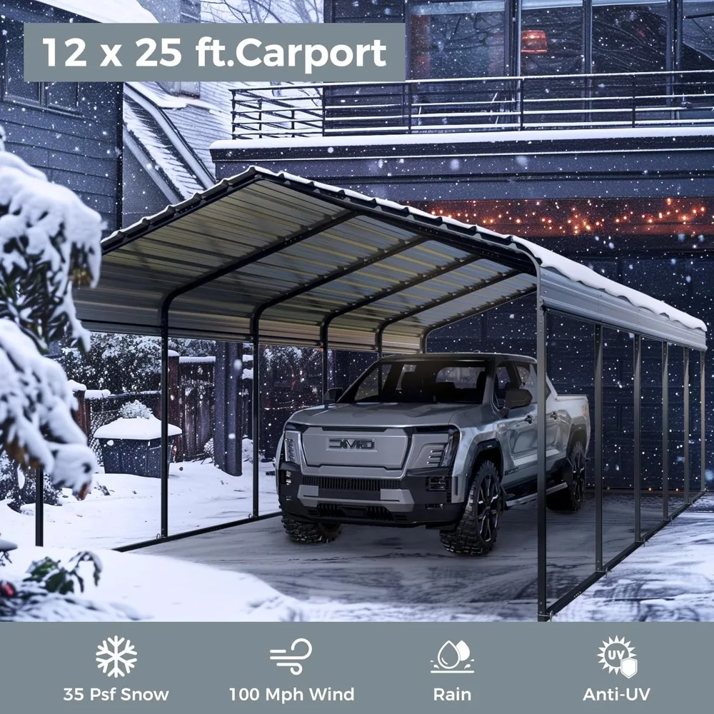 Carport 12 X 25 Ft Metal Kits with Galvanized Steel Roof, Heavy Duty Metal Carport Canopy, Outdoor Car Tent Metal Garage Shelter