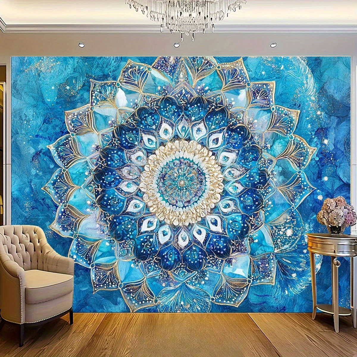 1pc Bohemian Mandala Tapestry with Blue & Golden Accents - Wall Hanging for Home & Event Decor,Vibrant Blue Background