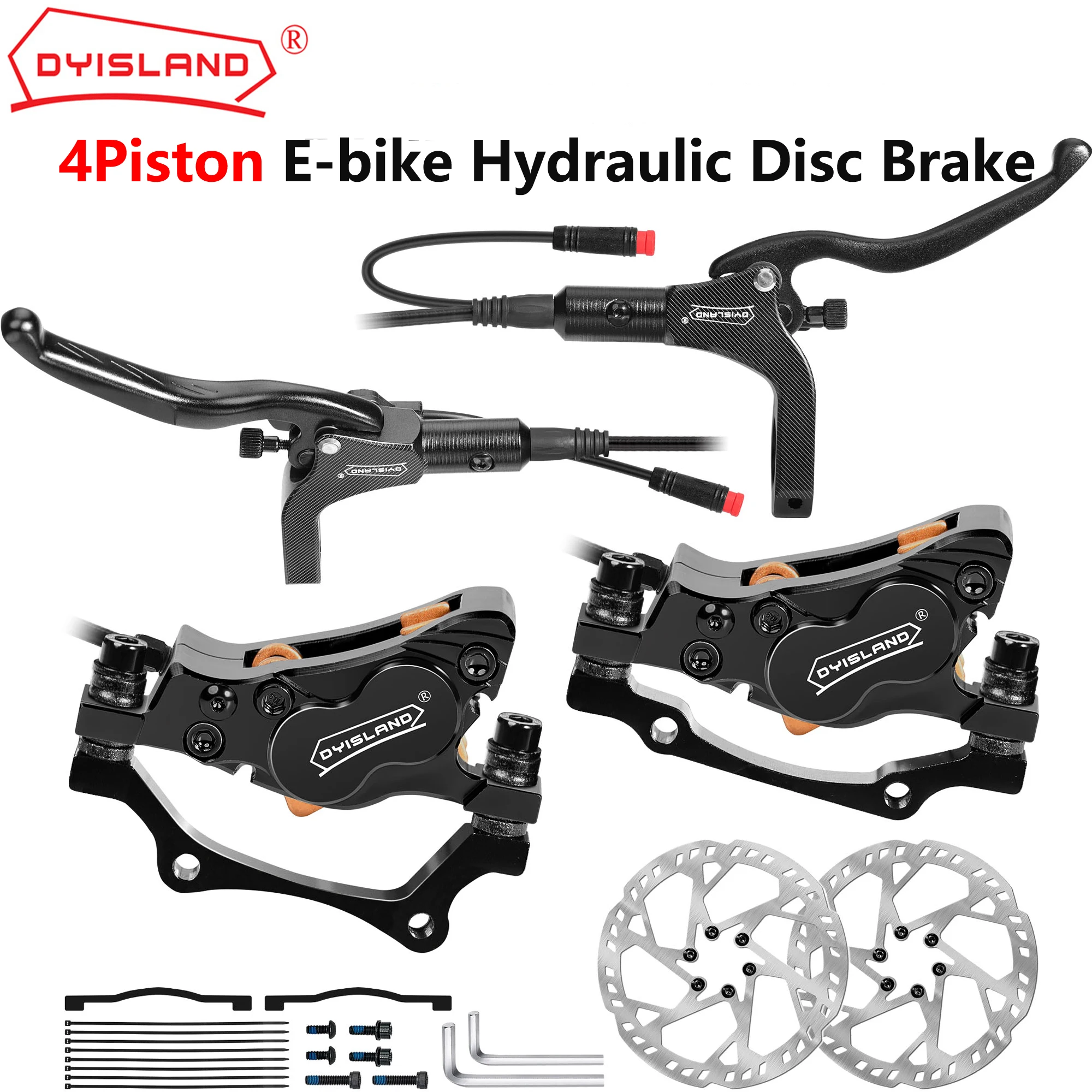 Image of DYISLAND 4-Kolben LD4X-300 E-Bike Hydraulische Scheibenbremsen-Set 2-Pin 3-Pin Power-Off Elektrofahrrad-Bremse mit 180mm 2,3mm Bremsscheiben