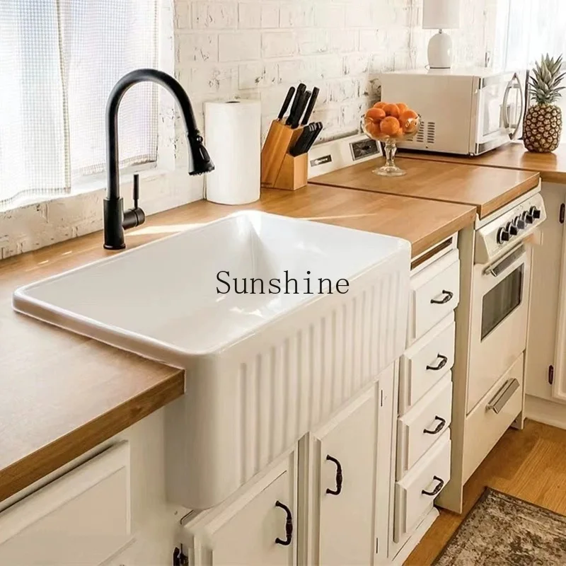 American kitchen ceramic sink vegetable basin retro semi-embedded home, super deep integration