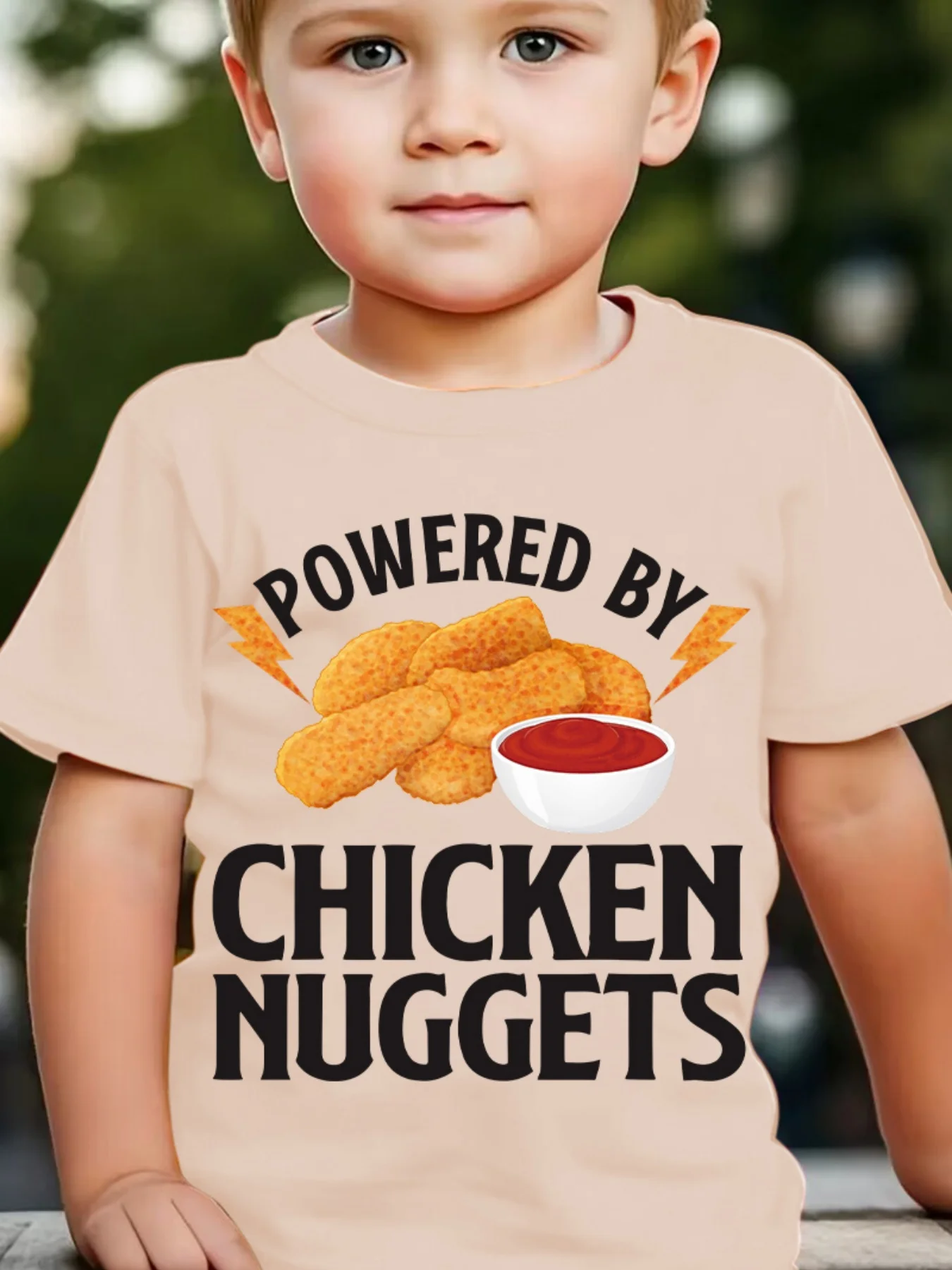 DX5093 Boys POWERED‑BY‑CHICKEN‑NUGGETS‑Nugget‑Ketchup‑Print Casual Summer Crew‑Neck Short‑Sleeve T‑Shirt