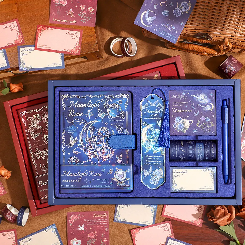 ชุดบันทึกการกลับไปโรงเรียน ดีไซน์วินเทจลายดอกกุหลาบ พร้อมสมุดจดบันทึก เทปวาชิ สำหรับนักเรียน เพื่อน และเครื่องเขียน