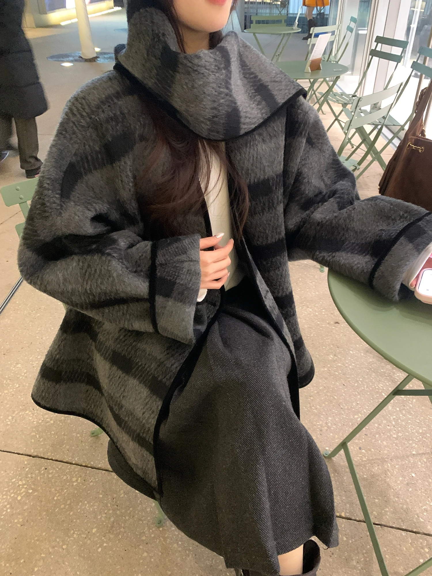 

NAZ Зимнее шерстяное пальто-шарф большого размера, винтажное, ручной работы, из твида, простого свободного кроя, для повседневной носки, 70% шерсть, 30% прочие волокна