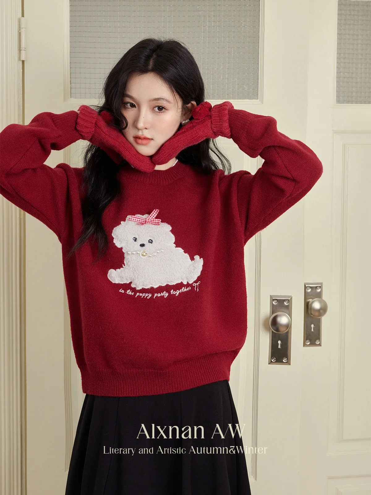 ALXNAN Women's Languid Commuter Sweaters Sweet Round Collar Long Sleeve Puppy Pattern Bow 2024 Fall Winter Jumper Female L50779