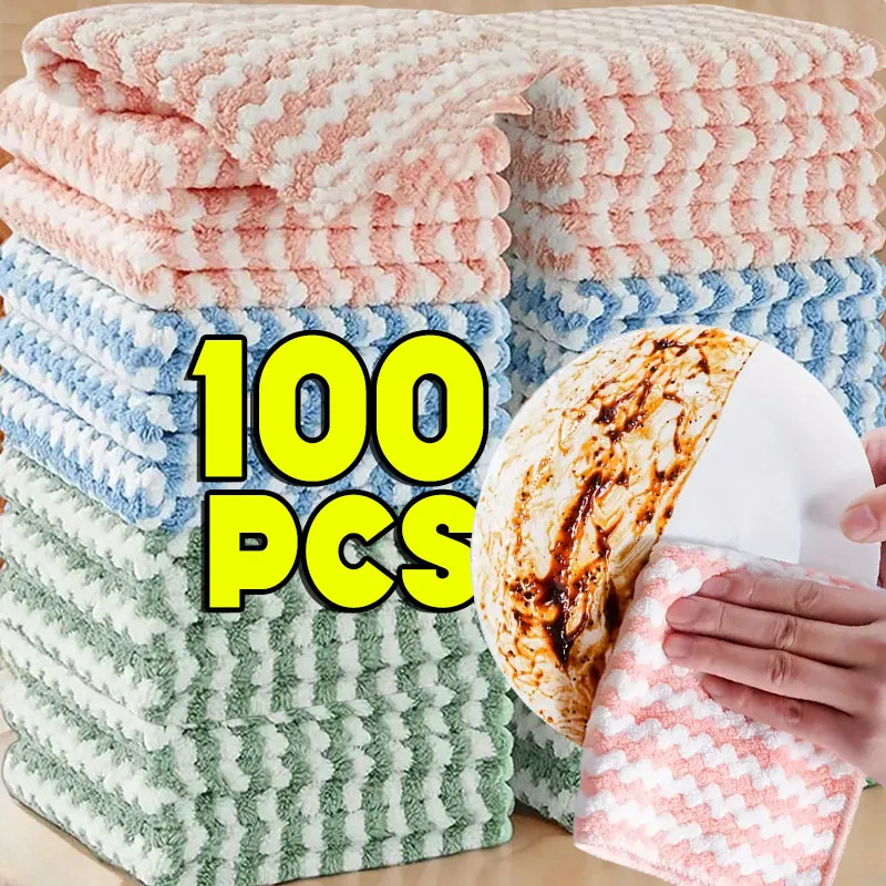 10-100PCS Super Absorbent Dishcloths Coral Fleece Cleaning Cloths Thickened Kitchen Washing Dish Rags Glass Windows Wipe Towel