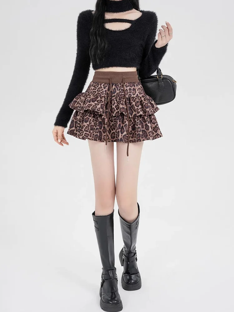 Women Leopard Y2k Shoujo Girl Aesthetic 2000s Mini Ruffle Skirt Gyaru Coquette Elastic Waist Cyber Punk Cake Skirt