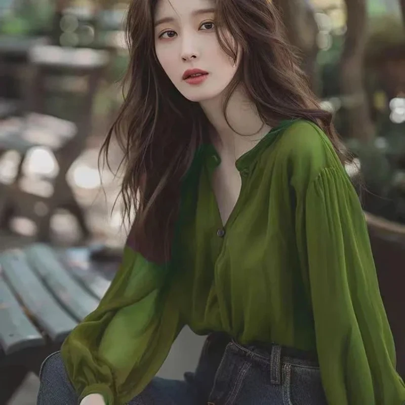 

Green V Neck Lantern Sleeve Blouse For Women Office Wear Elegant Loose Fit Spring Summer Casual Top With Button Detail