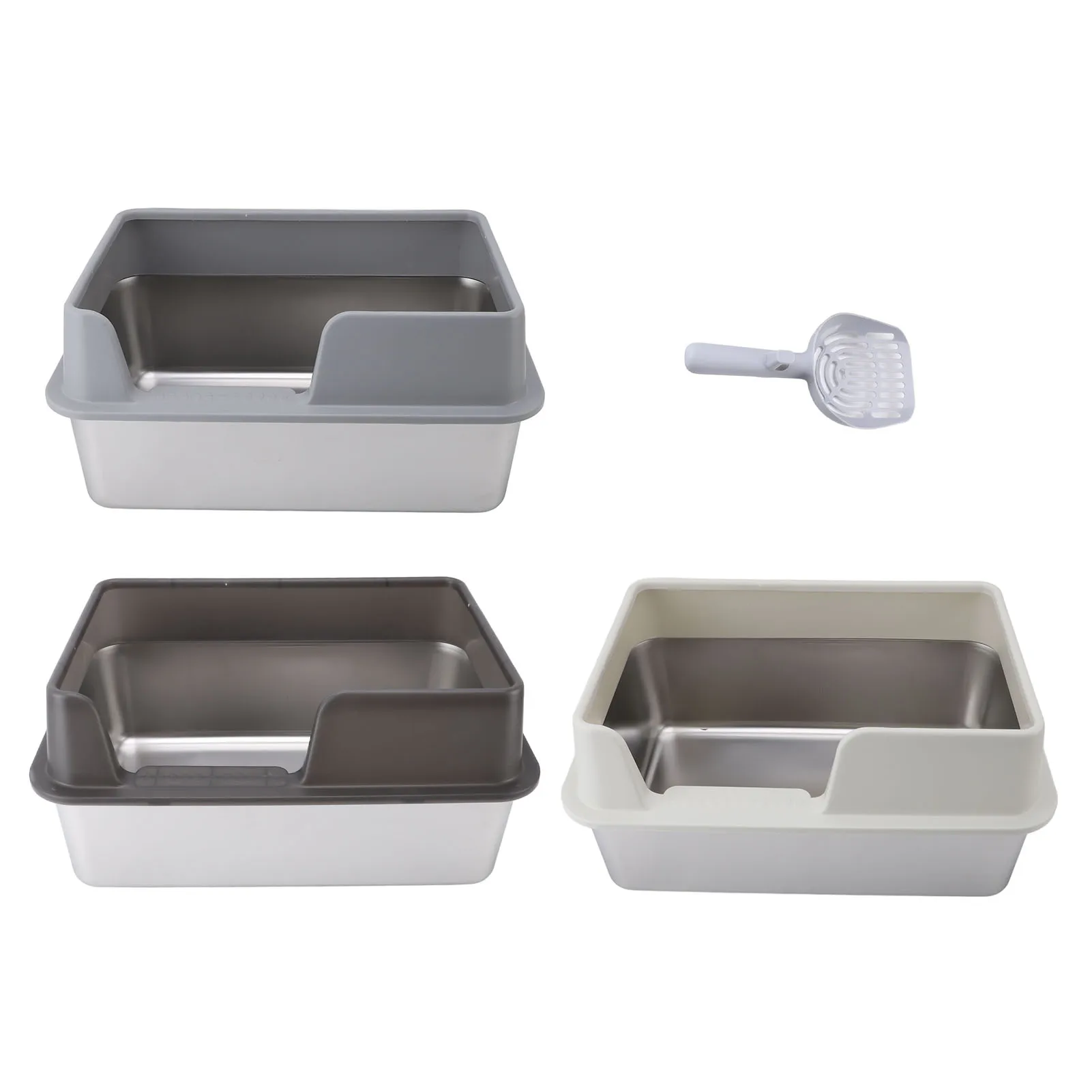 Metal Litter Box Semi Enclosed Litter Box Stainless Steel Litter Pan  Proof Large Open Top High Side Litter Pan with Scoop