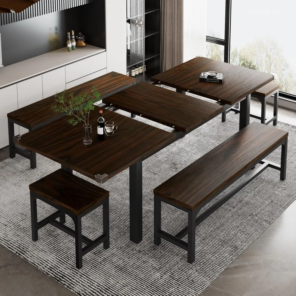 5 Piece Dining Table Set, Expandable Kitchen Table Set with 2 Benches and 2 Square Stools, Espresso