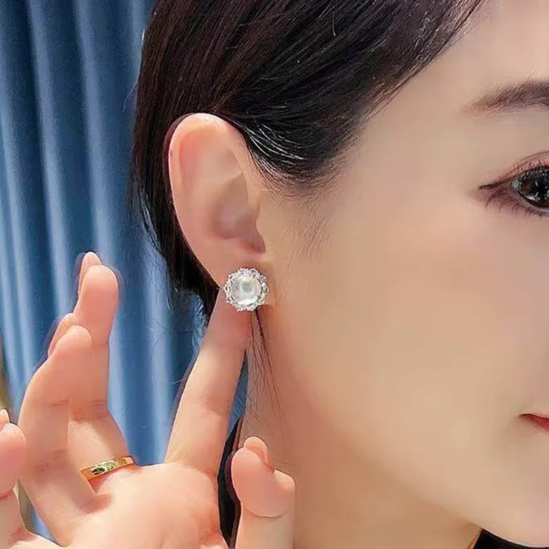 Korean-style round natural gray-white agate jadeite white moonlight 925 sterling silver ear stud earrings - hypoallergenic earri