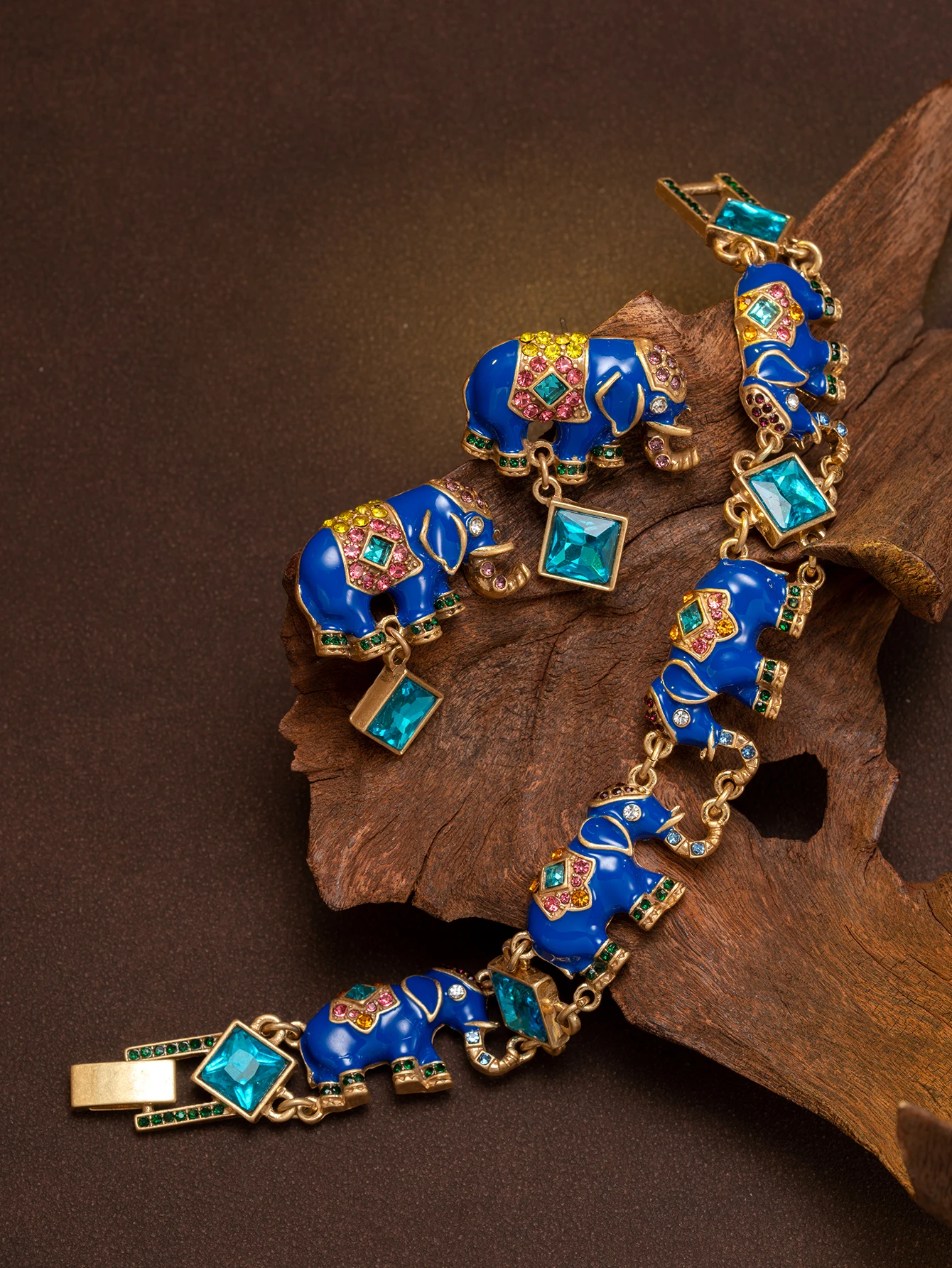 Bohemian exotic style sapphire enamel diamond elephant bracelet and earring set, ethnic style auspicious little elephant jewelry combination