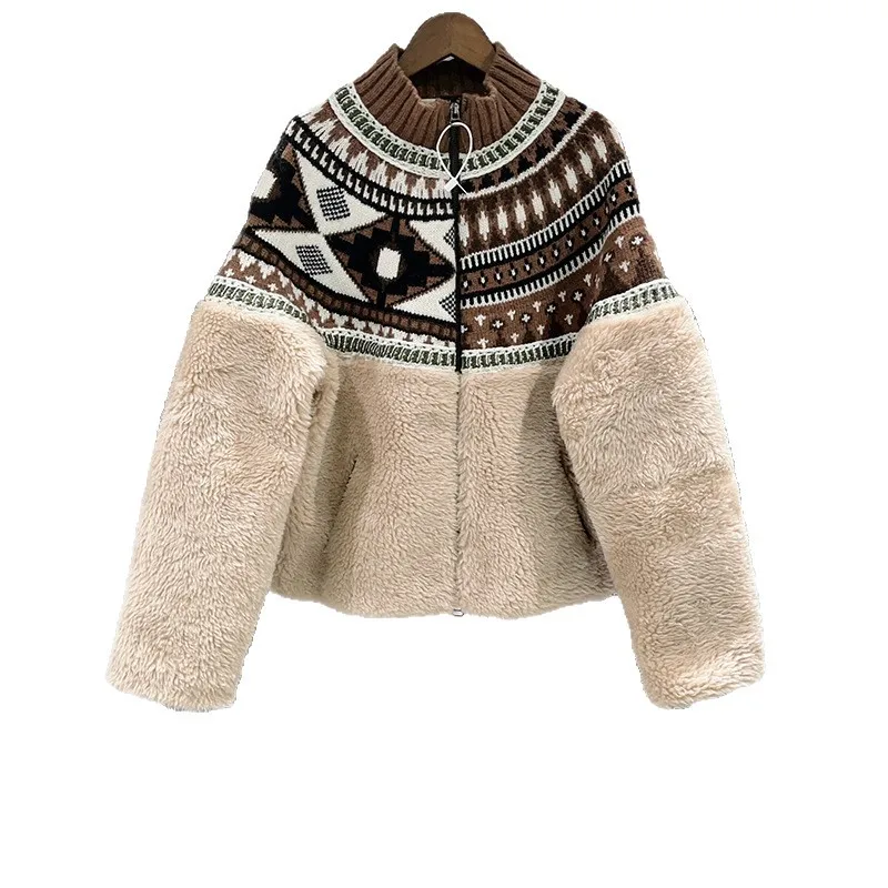 

【Gift Free】French Niche 2025 Autumn Winter Fair Isle Knit Fleece Wool Patchwork Asymmetric Double-Zip Jacket for Women