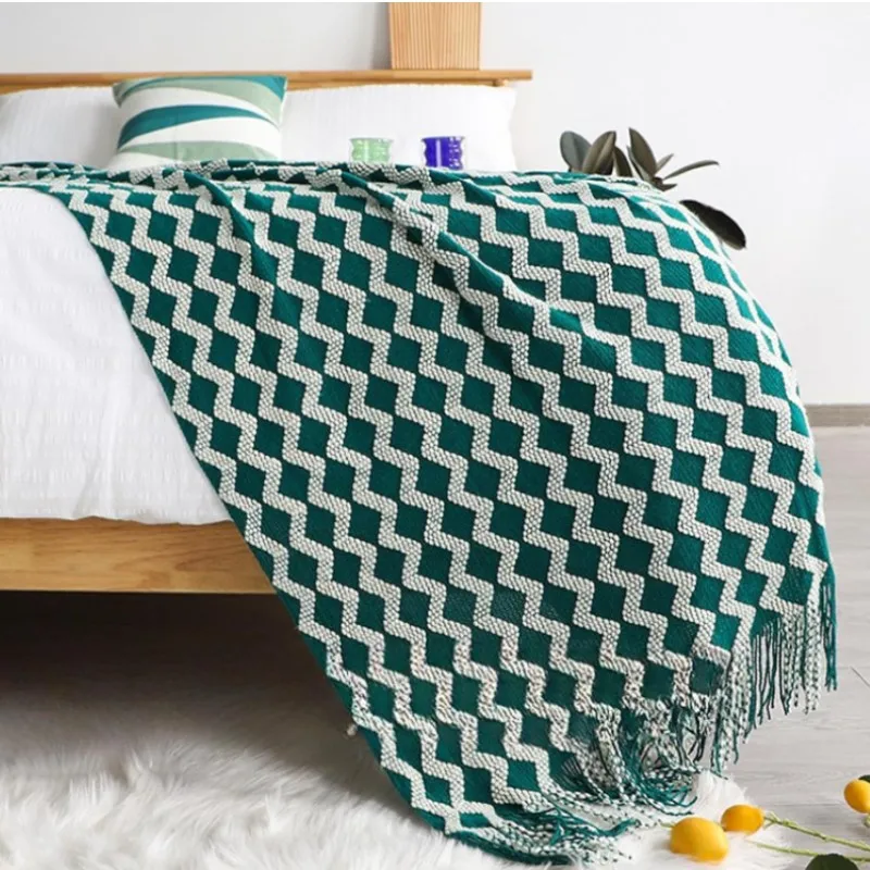 

Плед в богемном стиле в стиле бохо, вязаное уличное мягкое удобное легкое одеяло с кисточками, двустороннее рождественское зеленое