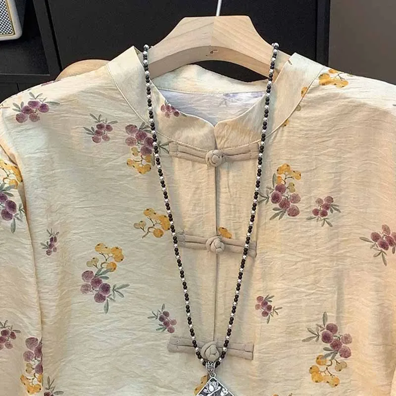 Women Chinese Style Frog Button Shirt Vintage Floral Print Stand Collar Long Sleeve Blouse Loose Casual Tang Suit Outerwear