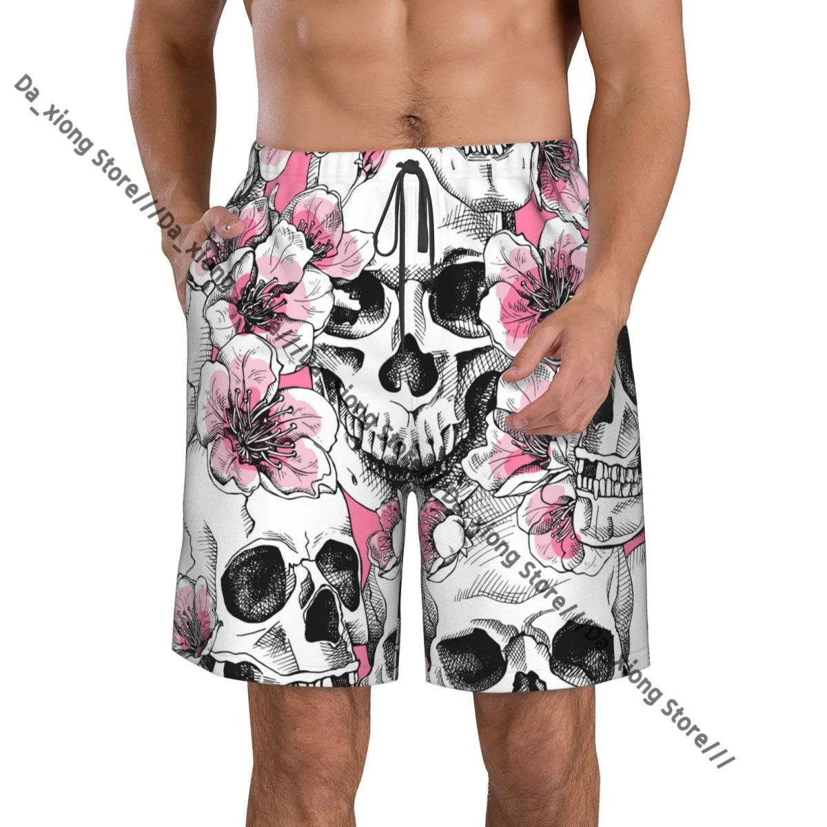 Men Beach Short Quick-drying Swimming Trunk Skull And Pink Cherry Flowers Swimwear Swimsuit Bathing Shorts