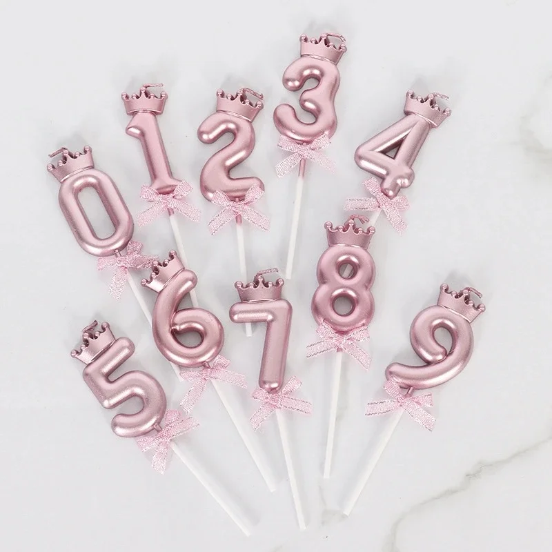 Rose Gold Crown Number Birthday Candle 0‑9 Digit Glitter Bow Decor Cake Topper Princess Girls Birthday Baby Shower Party Supplie