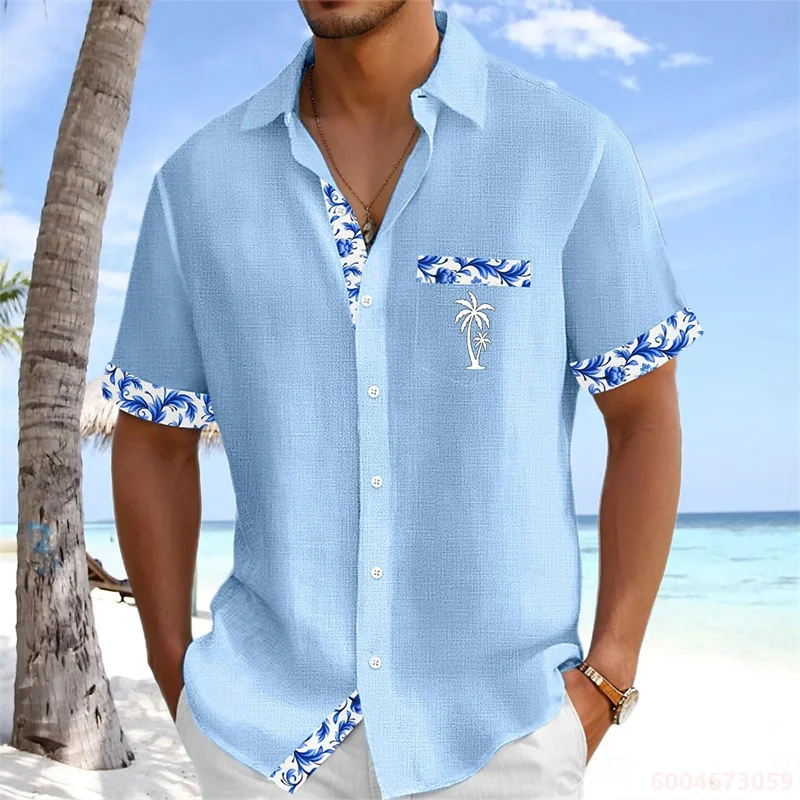 Men's Short-Sleeved Shirt with Coconut Tree Print, Casual and Loose-Fitting with a Stylish Turn-Down Collar, Hawaiian Design.