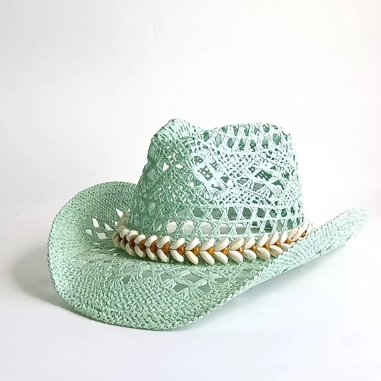 Boho Mint Open Weave Cowgirl Hat Cowrie Shell Bead Trim Airy Curved Wide Brim Sun Hat Ladies Beach Vacation Music Festival Weste