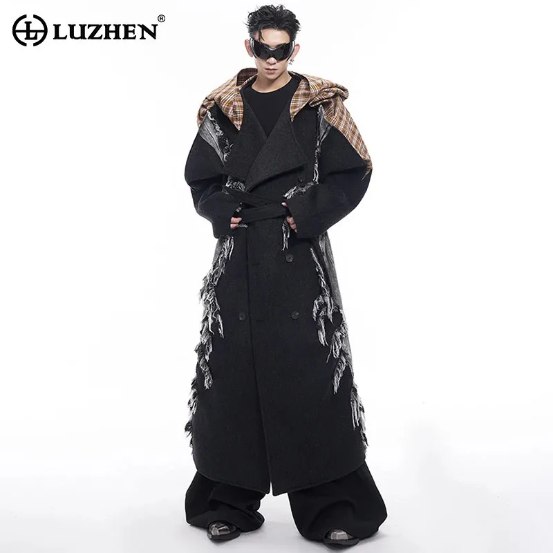 LUZHEN Wool Fabric Patchwork Hooded Woolen Coat Long Style Personalized High Street Double Breasted Men's Windbreaker LZ8045