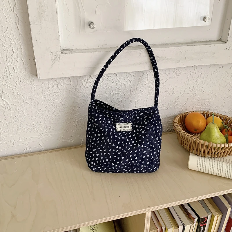 Women Navy Blue Small Floral Print Shoulder Bag Soft Fabric Hobo Bag Lace Decor Casual Daily Crossbody Handbag
