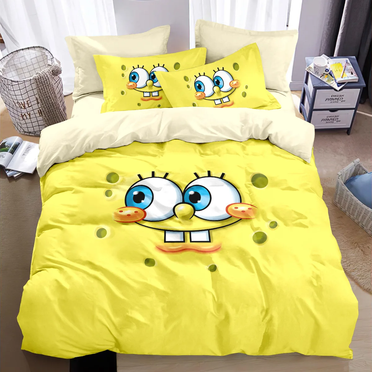 Cartoon 3d Bedding Set Patricks Squidwards Quilt Duvet Cover Pillowcase Bed Set For children and adults