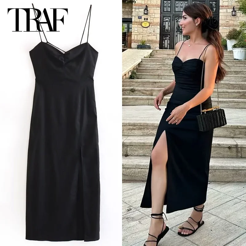 TRAF Women's Dresses Summer Long Sexy Elegant Party Evening Midi Dresses 2024 Ladies Fashion Casual Sleeveless Black Slip Dress