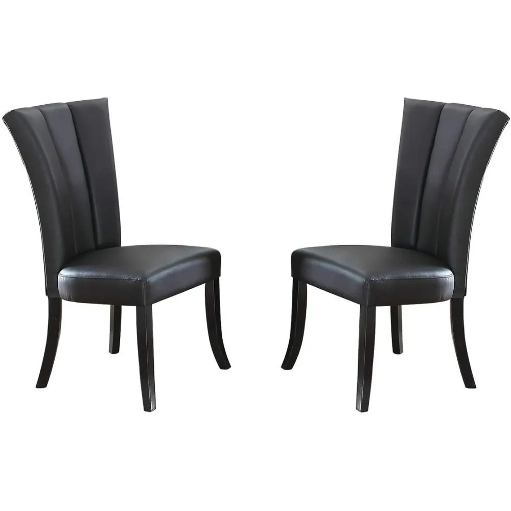 Set of 2 Dining Chairs,  Black Faux Leather Upholstered Lines High Back Chairs, Chairs with Solid Wood Legs,  Kitchen Chairs