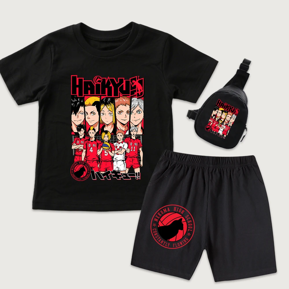 Anime Haikyuu Nekoma Printed Kids T Shirt and Shorts Set with Mini Chest Bag Teen Outdoor Sportswear for Boys Girls