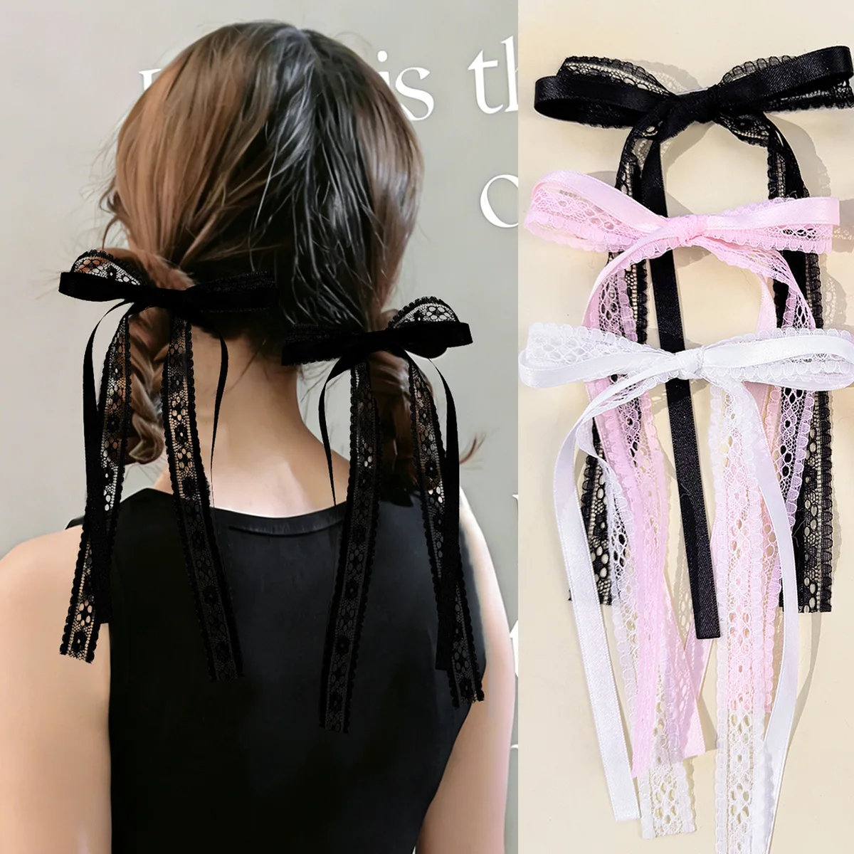 24 Pcs Korean Style Long Tassel Hair Clips Ribbon Bow Lace Embroidered Barrettes Bridal Grips for Women And Girls Headwear Bulk