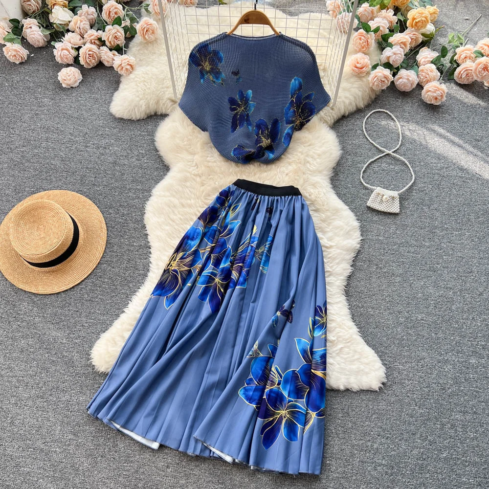 Two Piece Sets For Women Dress Suits 2023 Summer Clothing Floral Print T Shirts + A Line Pleated Long Skirt Suits Casual Outfits