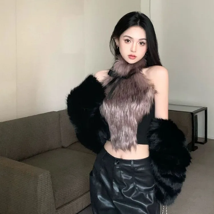 2024 Spring New Bow Halter Camisole Mujer Sexy Slim Fit Fluffy Vest for Women Y2k E-Girl Sleeveless Bottoming Tank Top