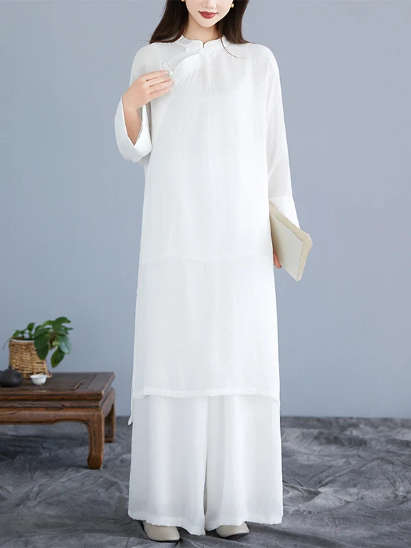 

Комплект из двух предметов: свободная длинная футболка и топ, традиционная китайская женская одежда, воротник-стойка, косые пуговицы, этнический стиль