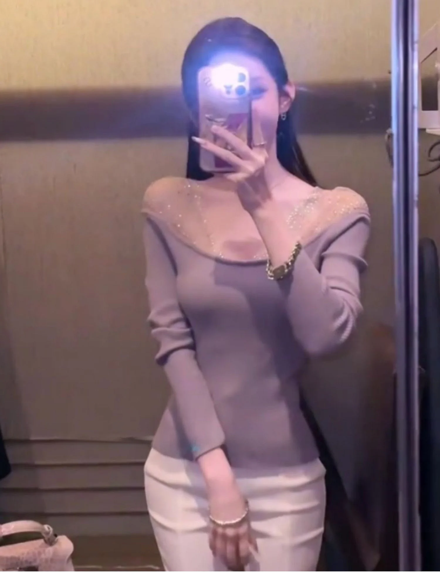 

Purple Heavy Embellished Mesh One Shoulder Knitted Sweater Women's Slim Fit Pure Desire Top Commute Style Long Sleeve Crew Neck