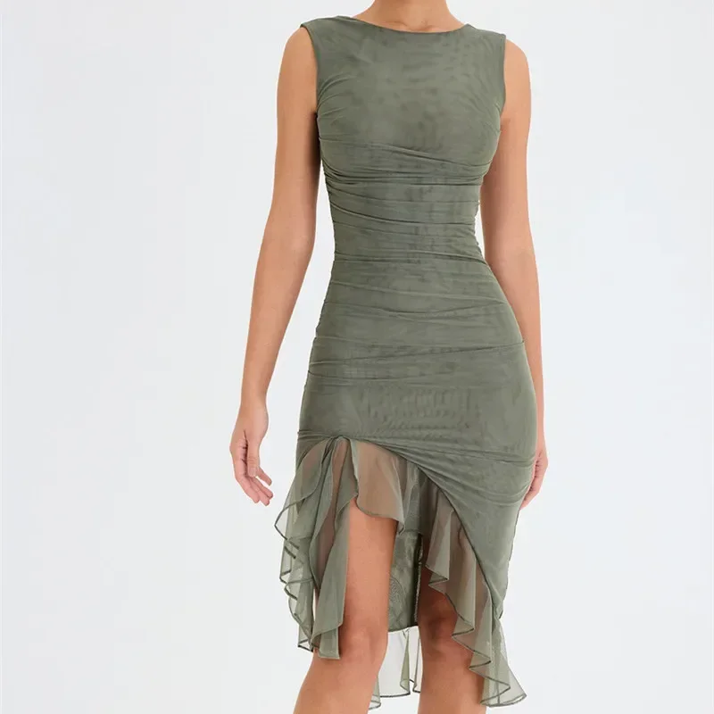 Elegant Women Ruffle Trim Mini Dress Y2k Sleeveless Bodycon Dress Solid Color Backless Mesh Ruffled Party Tank Dress