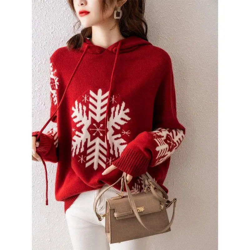 Women's Clothing Fashion Korean Jacquard Weave Hooded Knitted 2023 Autumn Winter Trend Vintage Long Sleeve All-match Sweaters