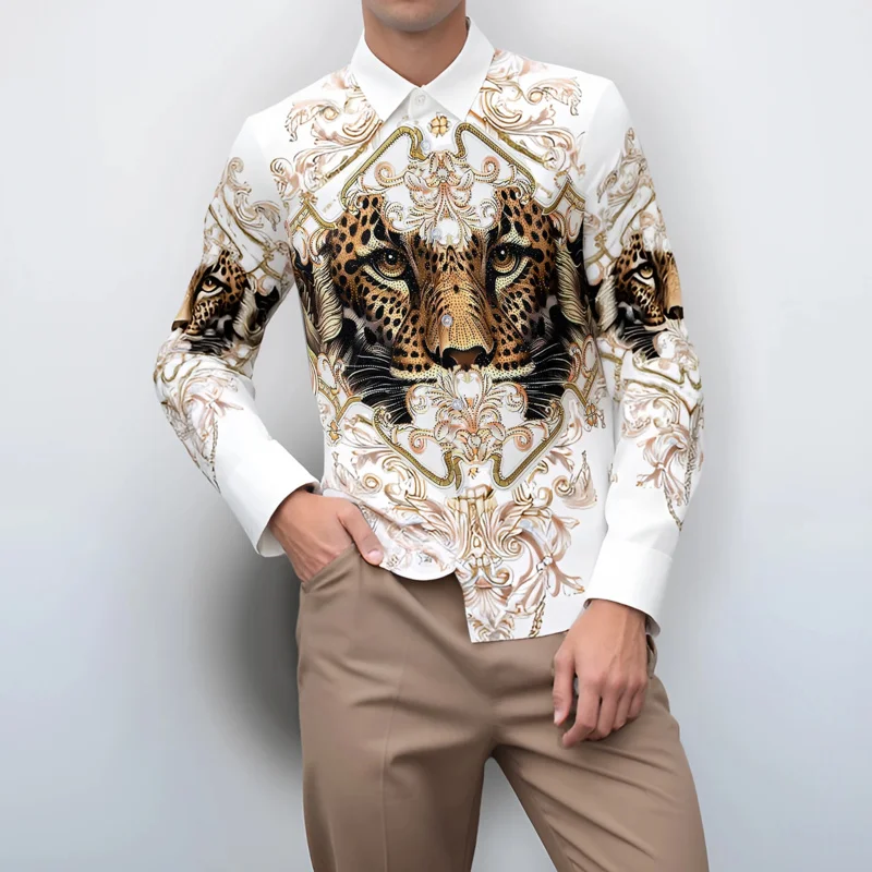 

Мужская модная рубашка с принтом и отделкой из стразов, облегающая, комфортная, не требующая глажки, без складок, повседневная рубашка