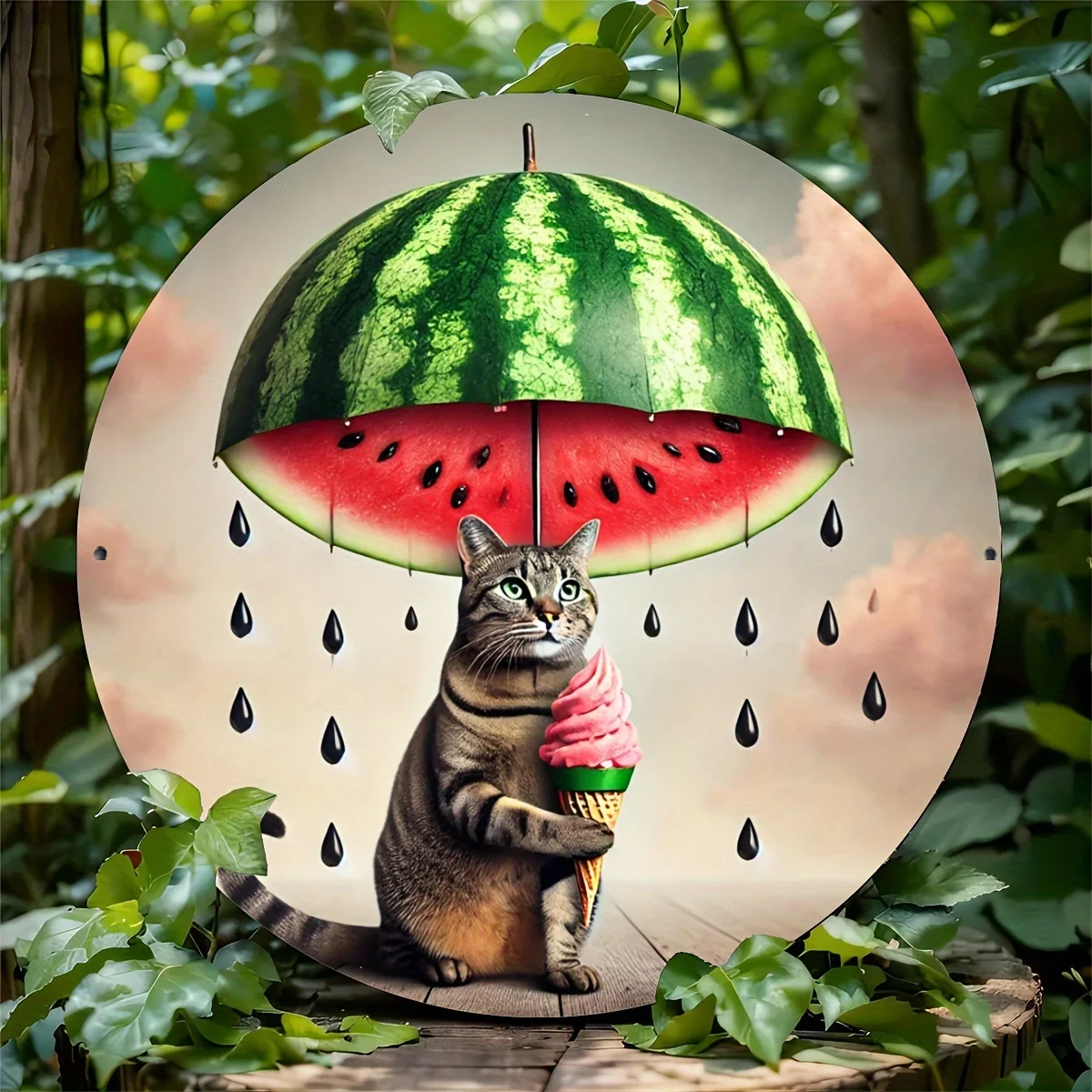 7,8 x 7,8 Zoll (20 x 20 cm) 2D-Flachdruck-Metallschild, Dekoration mit Katzen- und Wassermelonen-Regenschirm-Druck, geeignet für Türdekoration