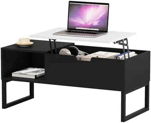 Black Coffee Table with White Lift Top - Modern Industrial Coffee Table with Lifting Top and Hide Compartment Storage - 40 Inch