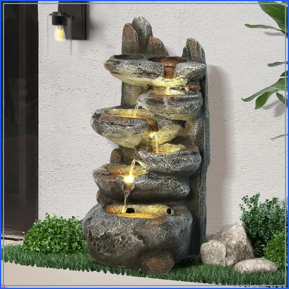Outdoor Cascading Rock Water Fountain 6-Tier Waterfall Feature for Garden Patio Yard Decor