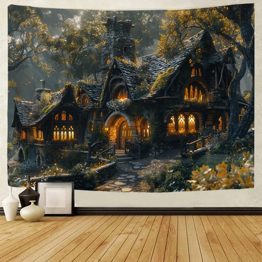 Wooden houses in the forest tapestry landscape wall hanging cloth living room and bedroom wall decoration home background cloth