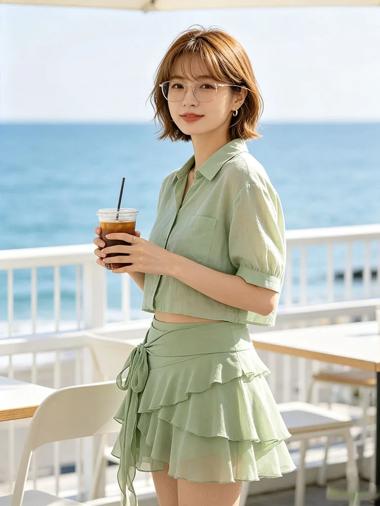 Wrap Tie High Waist Ruffle Chiffon Mini Skort Irregular Layered Flowy Summer Vacation Beach Cover Up Skirt