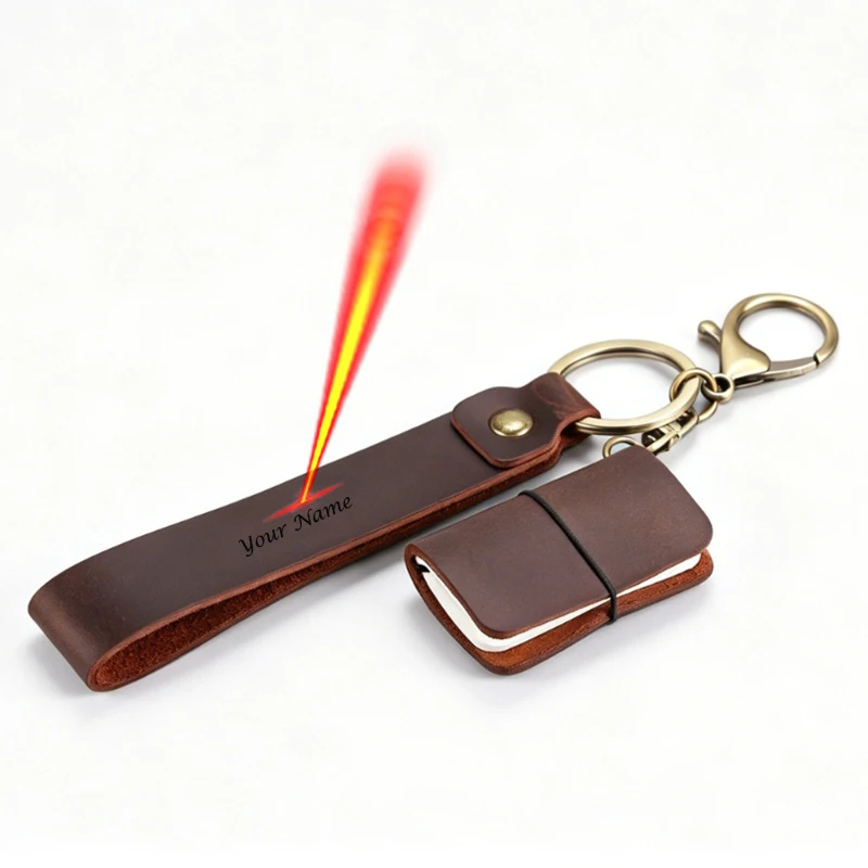 Custom Name Mini Travel Notebook Keychain Crazy Horse Leather Journal Pendant Bag Charm