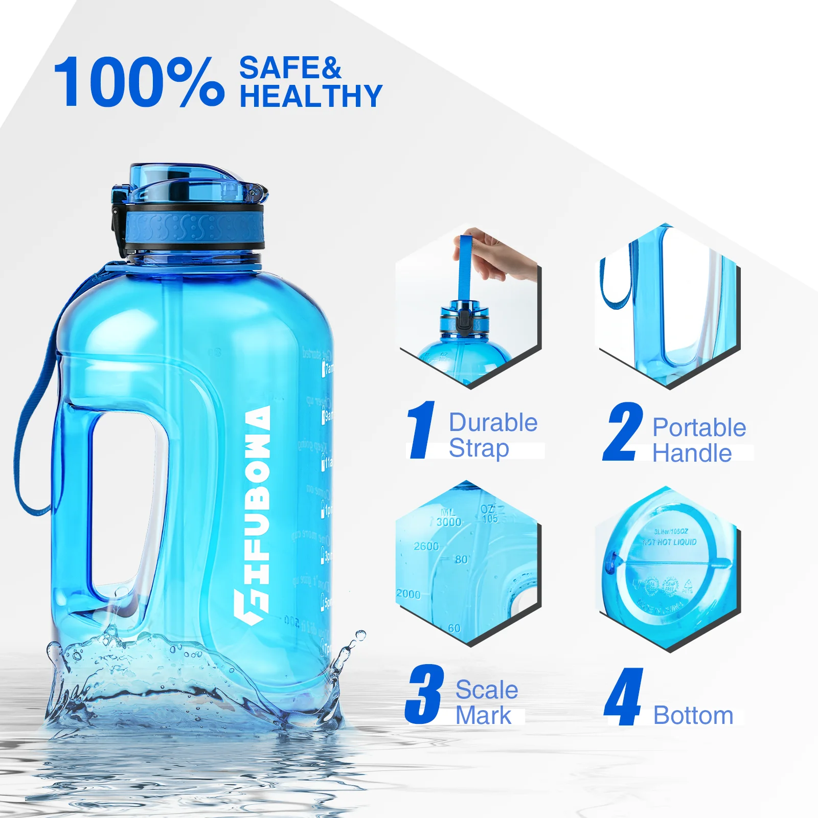 3 Liter Water Bottles with Times to Drink Motivational Straw Sports Big Jug with Handle Leak Proof BPA Free for Men and Women