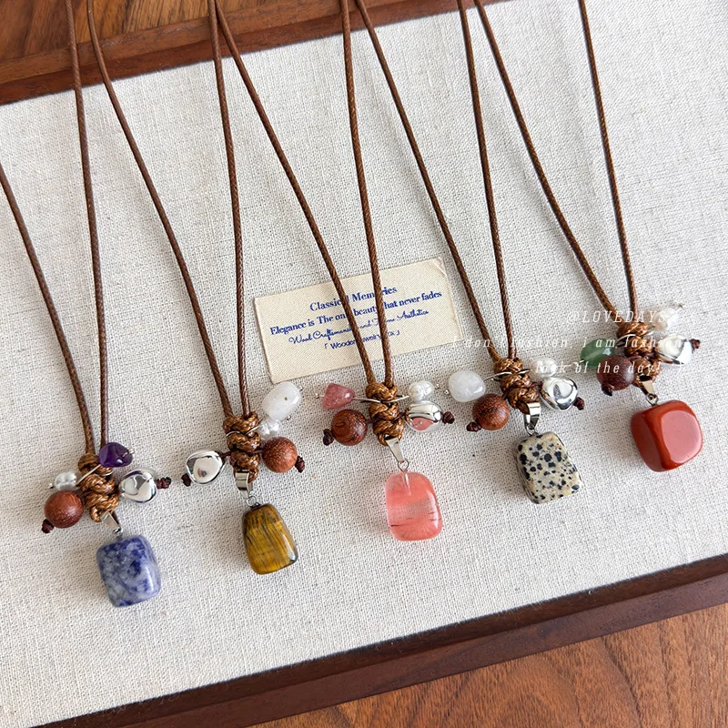 Geometric Stone Pendant Necklace with Wood Bead Braided Rope Adjustable Long Sweater Chain for Women Premium Layering