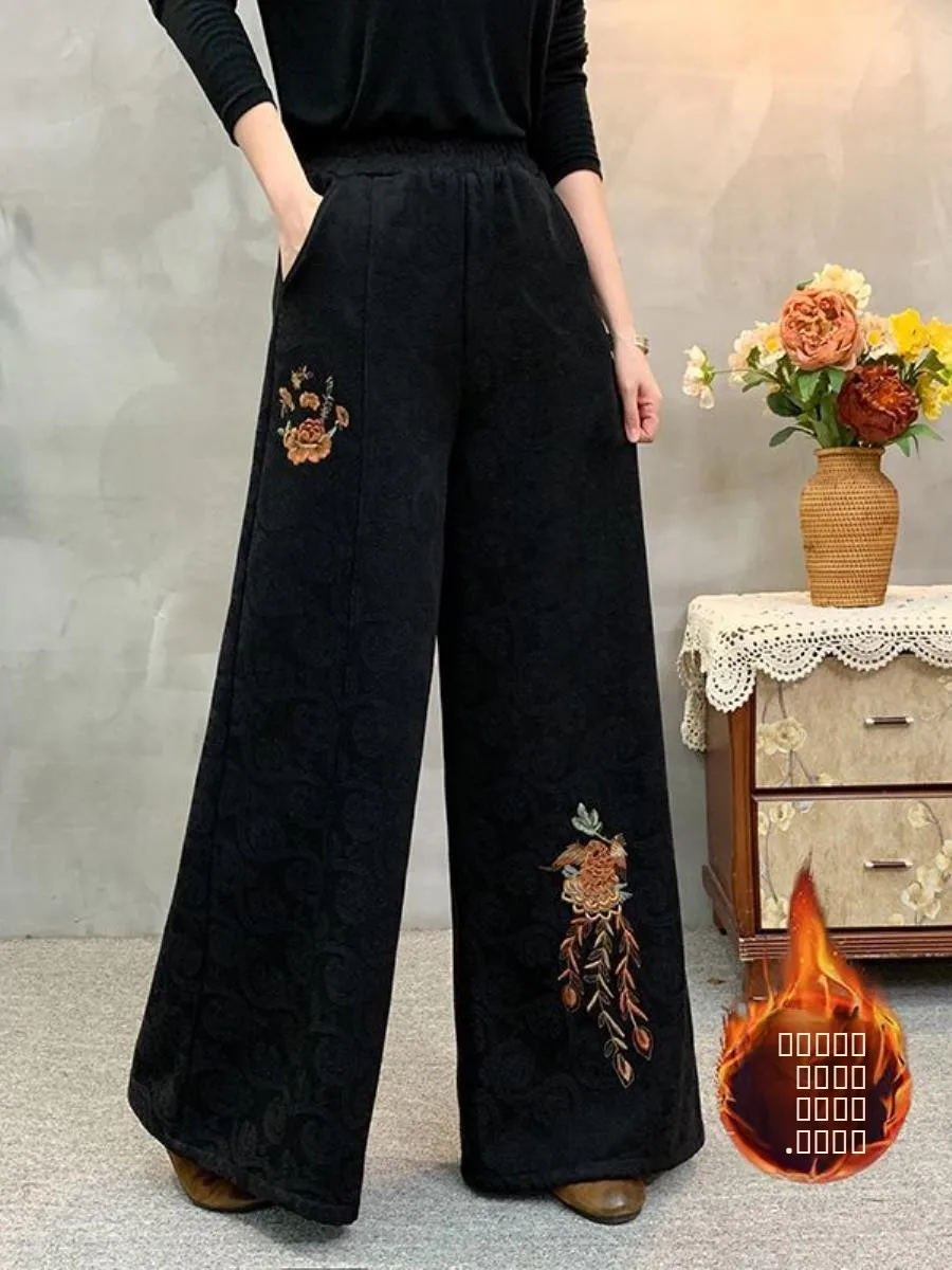 autumn-winter-ethnic-sle-wide-leg-pants-cotton-linen-embroidered-casual-loose-long-pants-women-tee-piece-set-faionable
