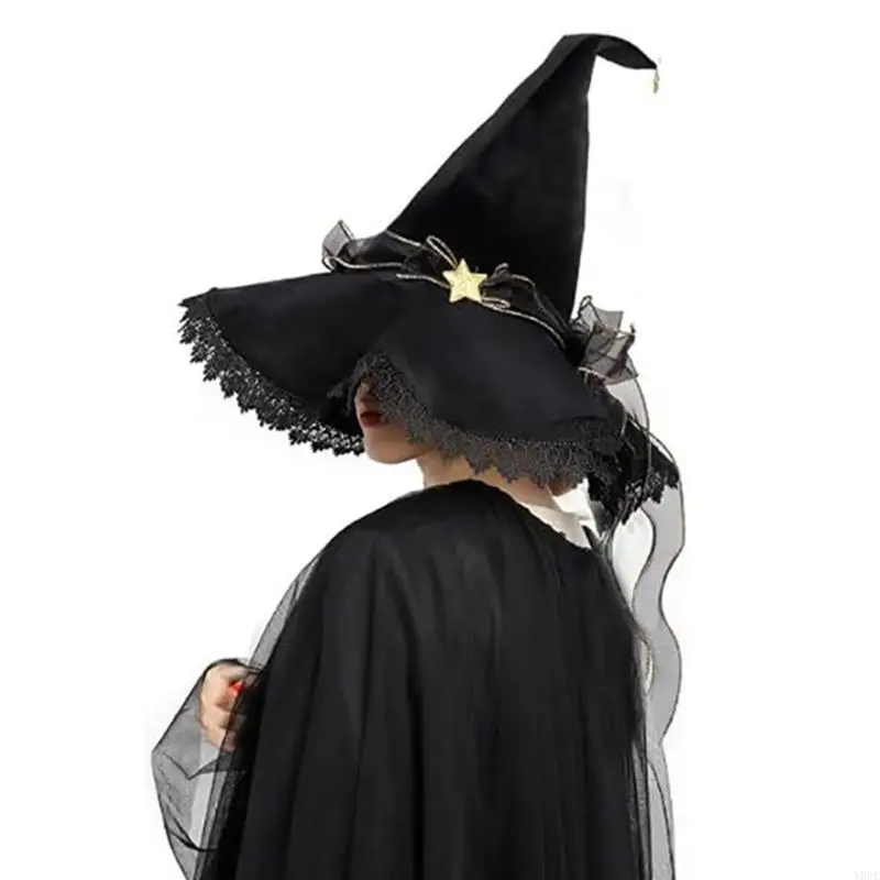 Cosplay Witch Hat for Adults Black Soft Finish Party Headwear with Pointed Top Flared and Star Trim for Halloween Photo Fun