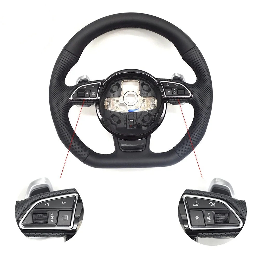 

For Audi A4 B8 Black Stitching Flat Bottom Perforated Leather Multifunction Steering Wheel With Paddles Buttons Key Frame Set