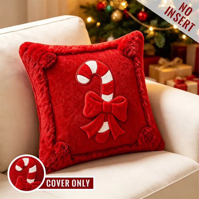 Christmas Candy Ribbon Pillow Cover Soft Red Plush Cushion Cover Autumn And Winter Christmas Home Sofa Bed Decoration 45x45cm